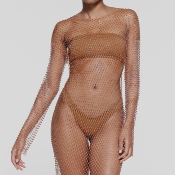 SKIMS Other - NWT Skims Rhinestone Netted Cover Up Long Sleeve Mini Dress! Size M-XL